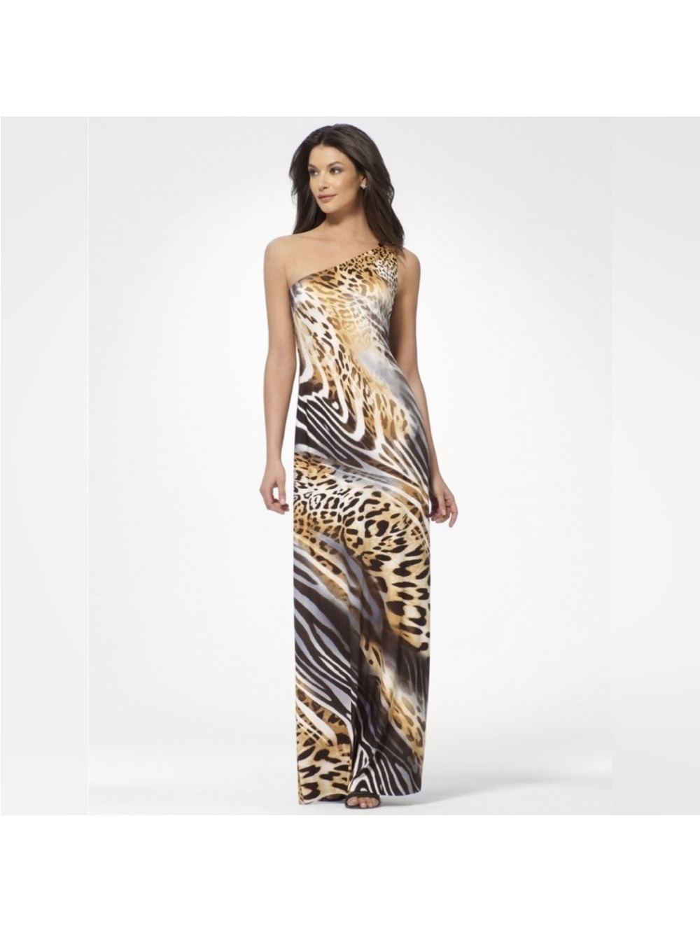 Cache One-Shoulder Animal Print Maxi Dress - Brown, Black, Cream